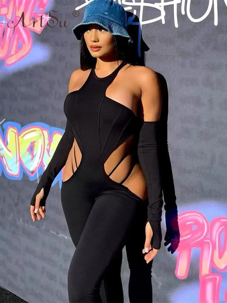 

Женский комбинезон с длинным рукавом и вырезом сбоку ArtSu, пикантный черный костюм для ночного клуба, уличная мода, одежда для девушек