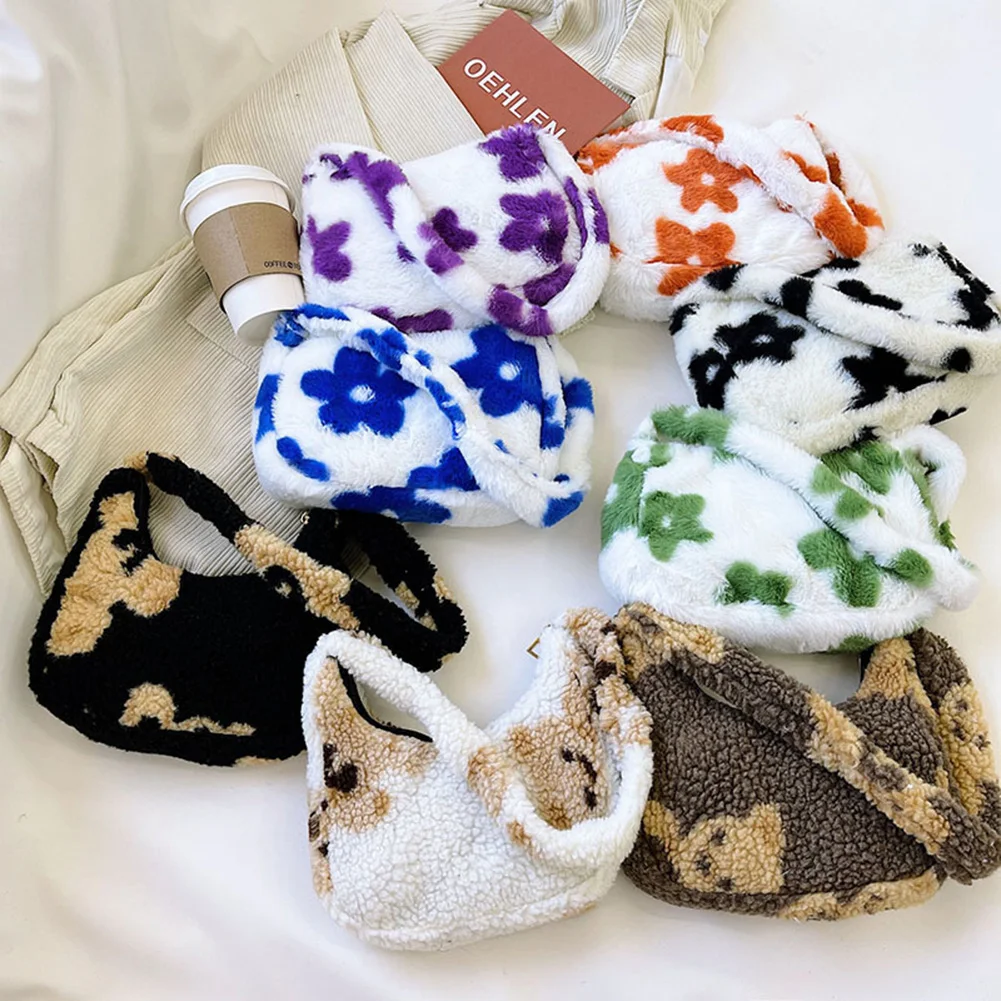 

INS Fashion Women Flower Print Shoulder Bags Elegant Female Bear Pattern Underarm Bags Soft Plush Handbag Furry Fluffy Tote Bags