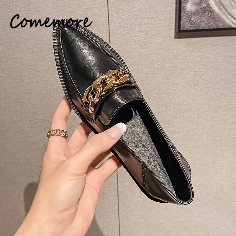 Comemore Plus Size 42 Oxford Shoes Woman Loafers 2023 Leather Flats Chains Sneakers Trend Girls Lolita Medium Heels Flats Spring