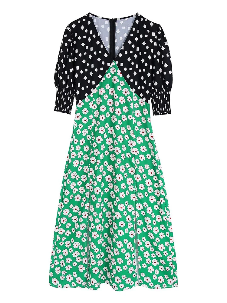 

Платье женское ТРАПЕЦИЕВИДНОЕ с цветочным принтом, винтажное облегающее длинное в стиле пэчворк, с пышными рукавами, с V-образным вырезом, с ...