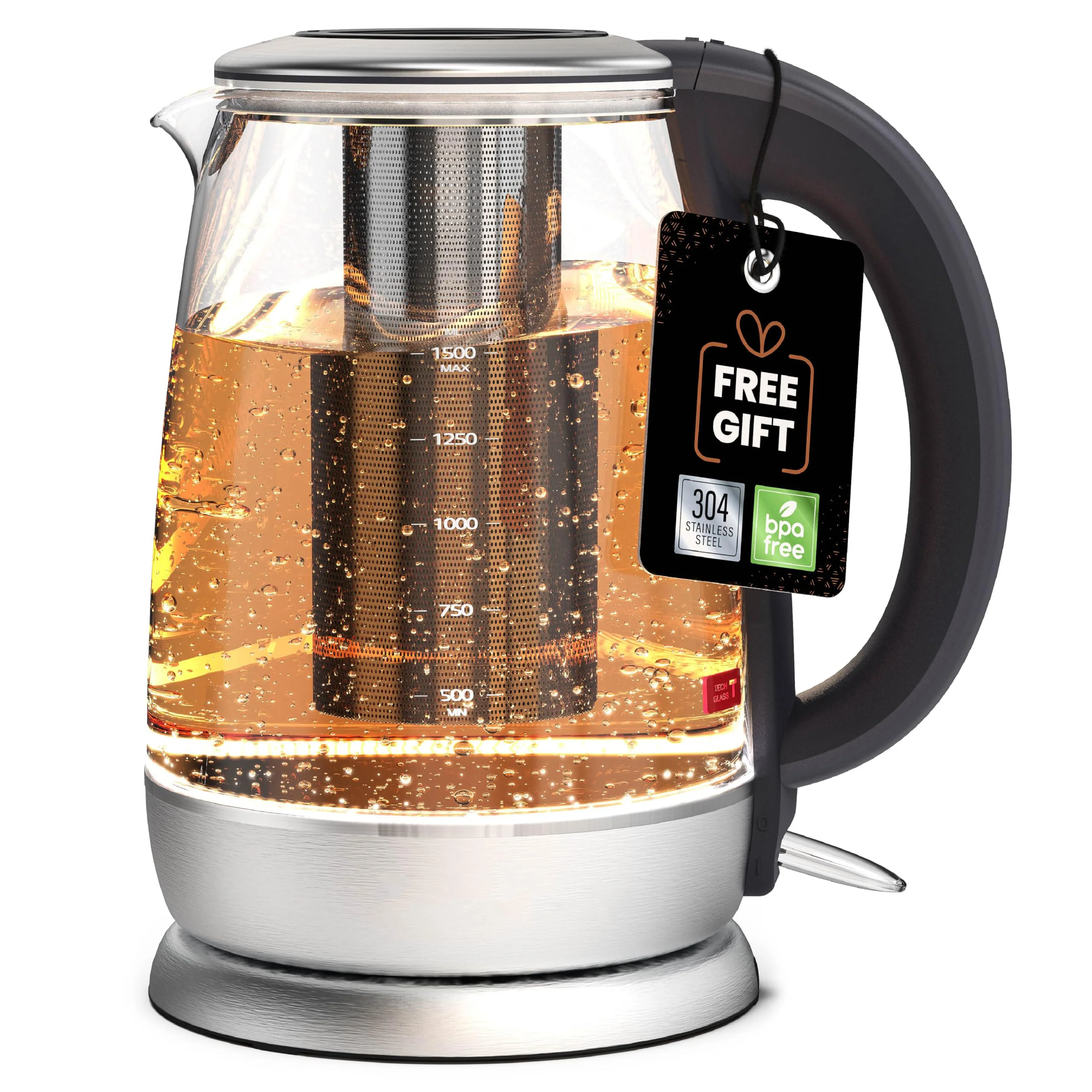 

Electric Glass Kettle with tea infuser . Automatic Shut off. Brewing Programs for your favorite teas and Coffee