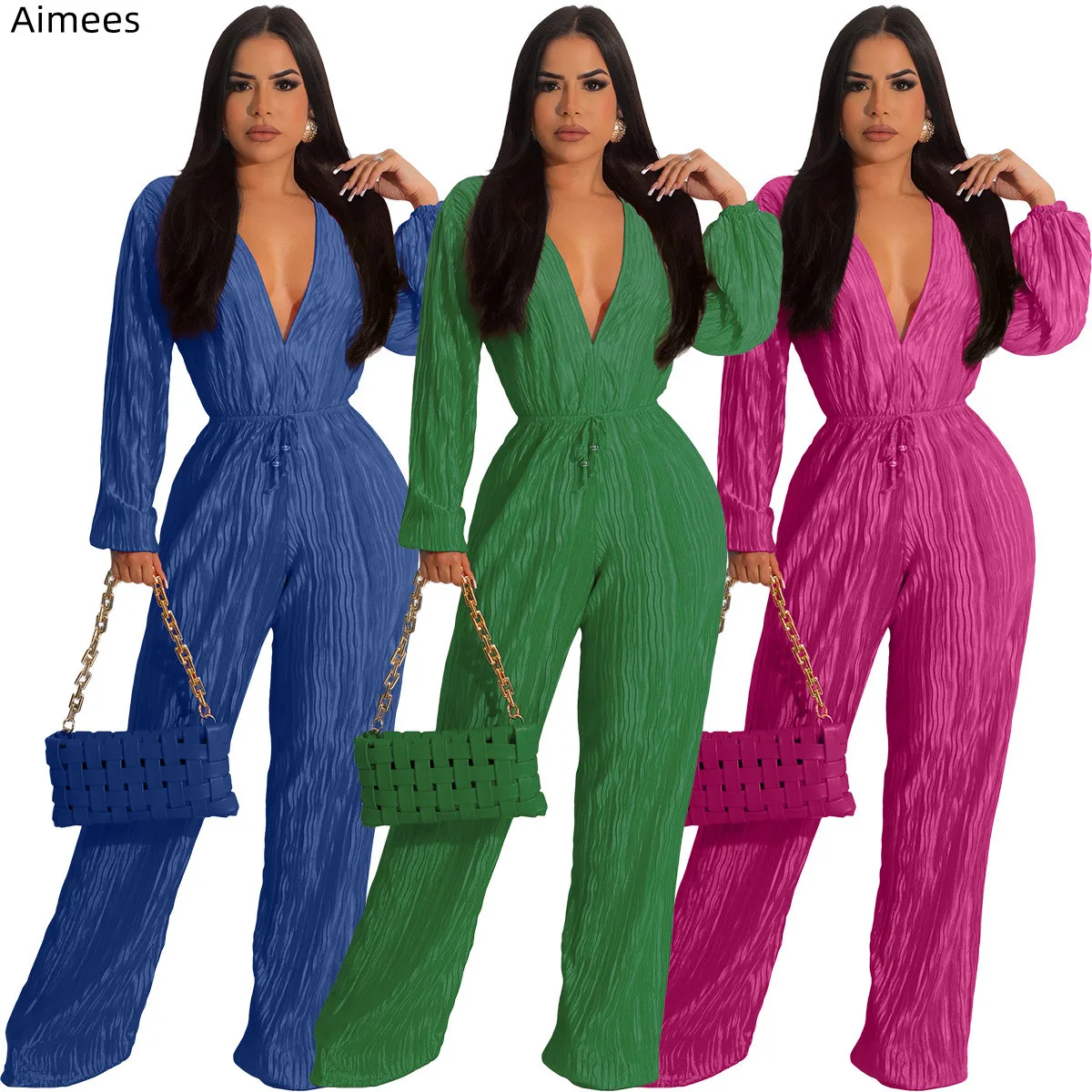 

2023 Charming Pleats Deep V Neck Women Jumpsuit Long Sleeves Sash High Waist Wide Leg Pants Parry Overalls Sexy Rompers