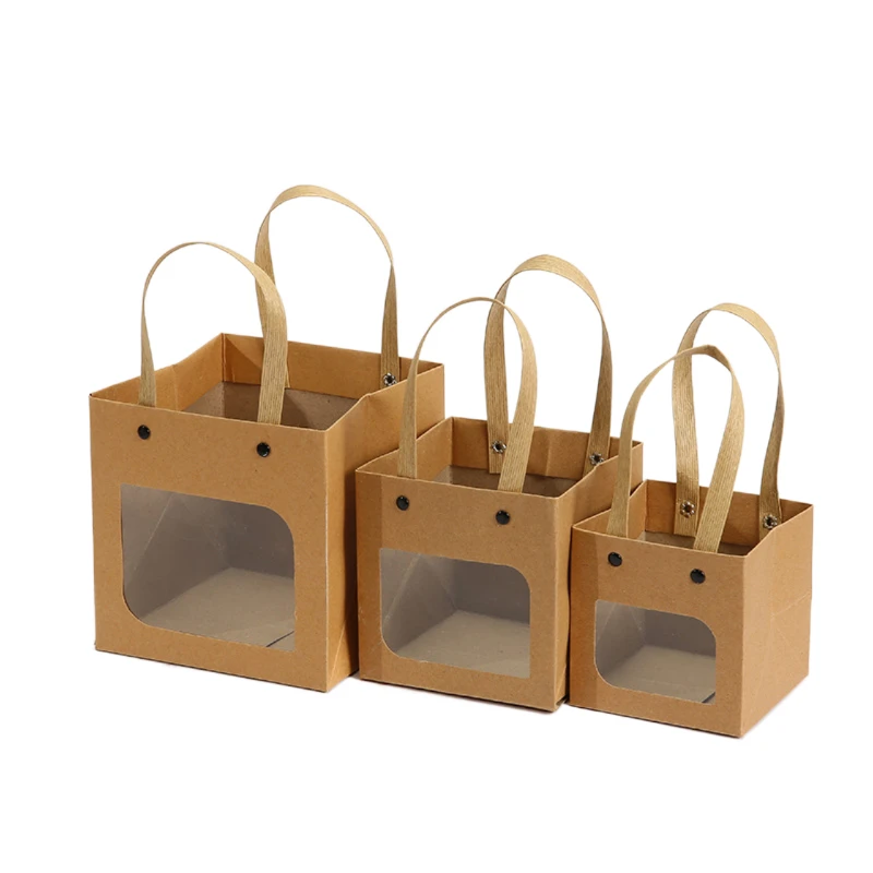 

24Pcs White Brown Kraft Paper Bag With Handles PVC Window Square Cookies Candies Biscuits Gift Packaging For Wedding Party Favor