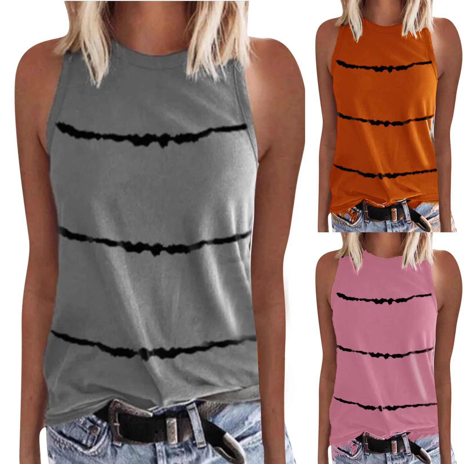 

Майка женская без рукавов, модная тренировочная рубашка, Повседневная Уличная одежда, базовая Свободная блуза с круглым вырезом и полосаты...