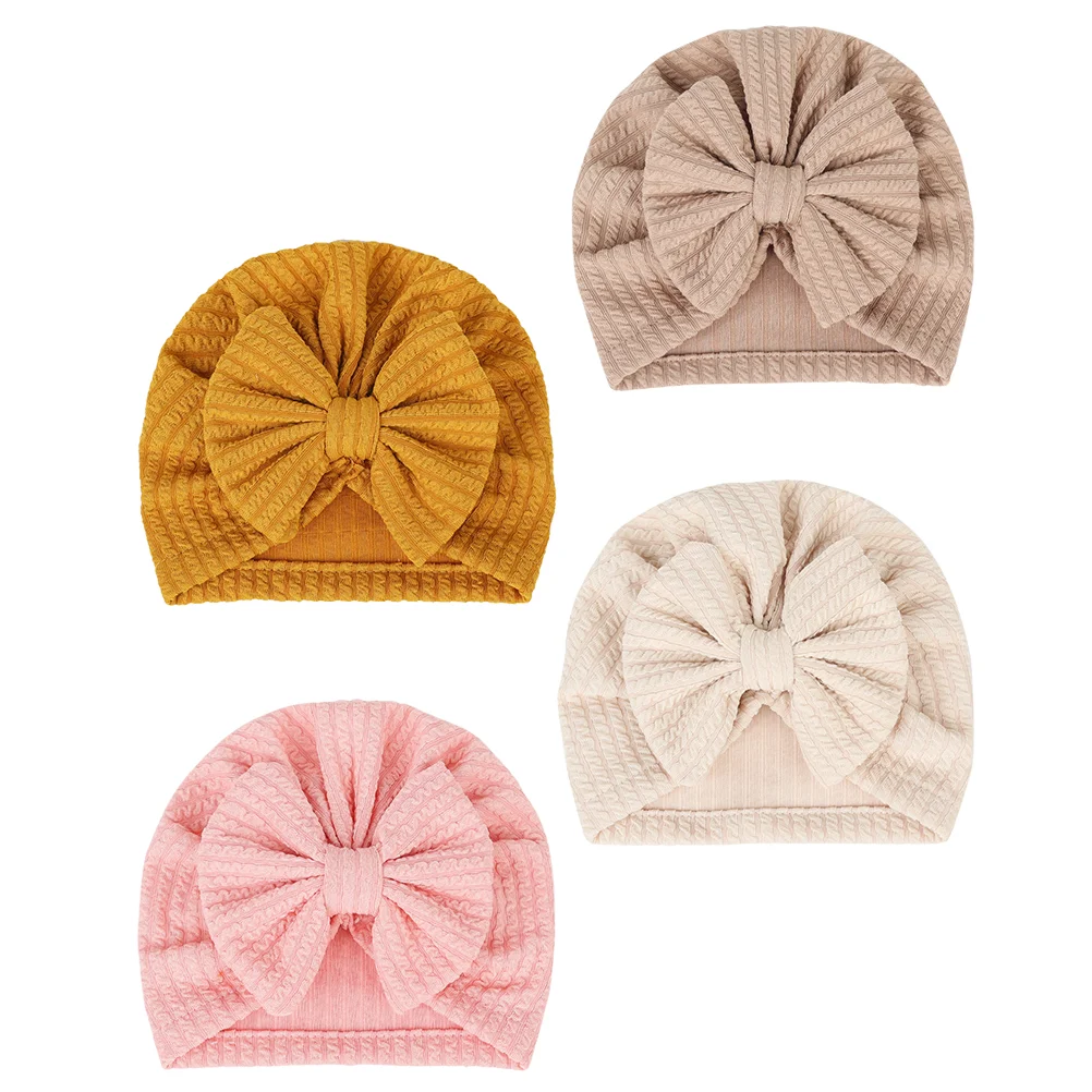 

4 Pcs Baby Headwear Hat Hijab Kids Winter Knitted Caps Decorative Tire Warm Bowknot Stretch Fabric