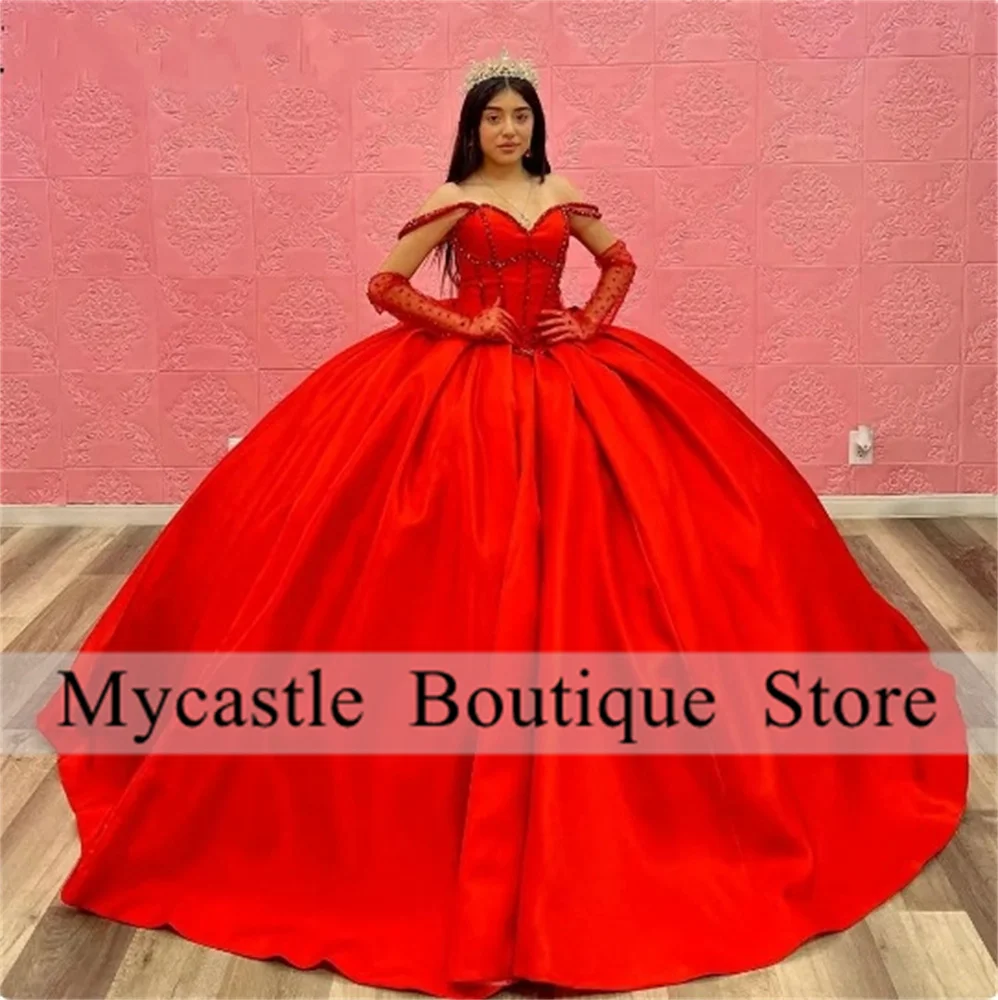 

Red Pearls Beading Satin Quinceanera Dresses Off The Shoulder Bow Corset Vestidos De 15 Años(Not Including Gloves)