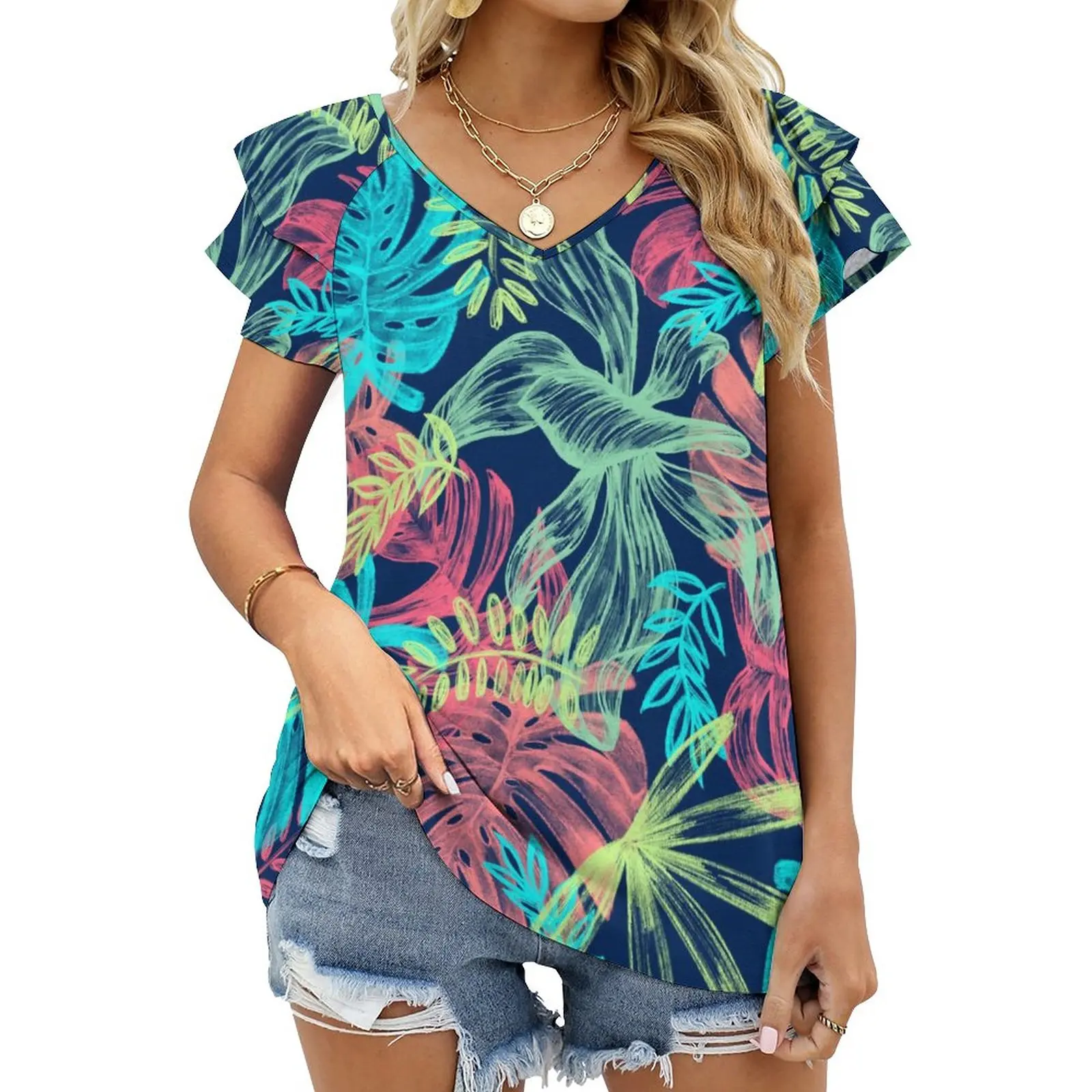 

Fashion Woman Blouse 2023 T-shirt Women's Clothing Free Shipping Offers Ruffled V-neck Top Y2k Style