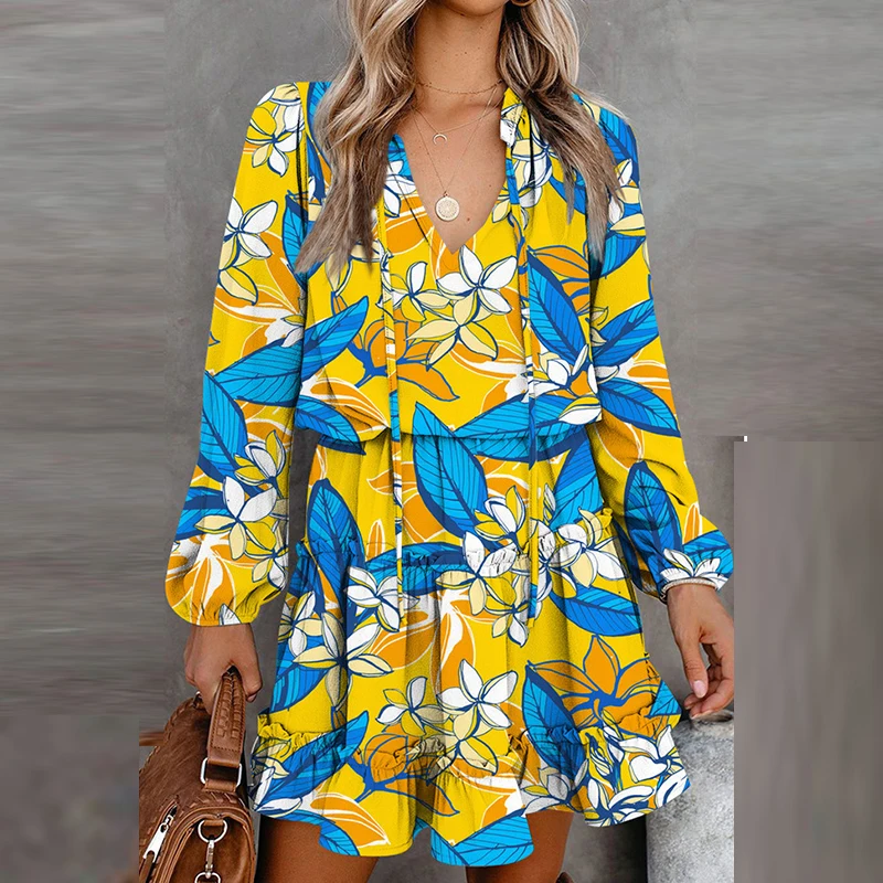 

Элегантное повседневное платье с принтом и длинным рукавом, новое плиссированное платье-трапеция мини с кулиской, Осеннее праздничное плат...