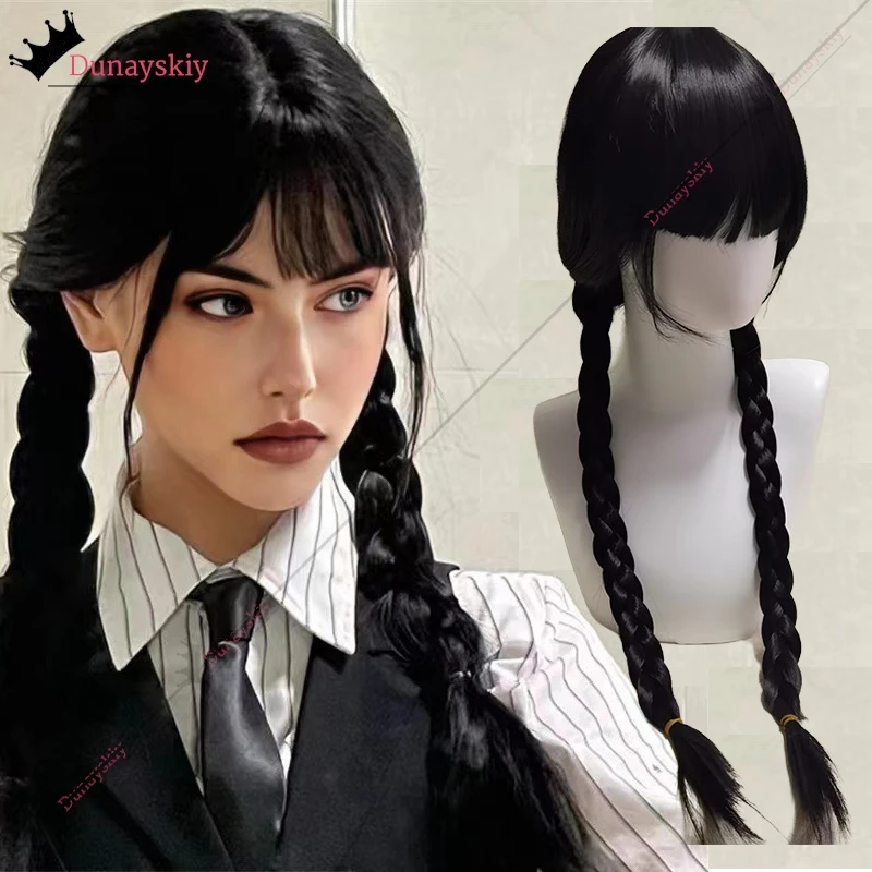 Фото Парик для косплея Wednesday-Addams, термостойкий длинный черный двойной косы, шелковистый прямой синтетический парик с челкой для вечеринки на Хэллоуин №1