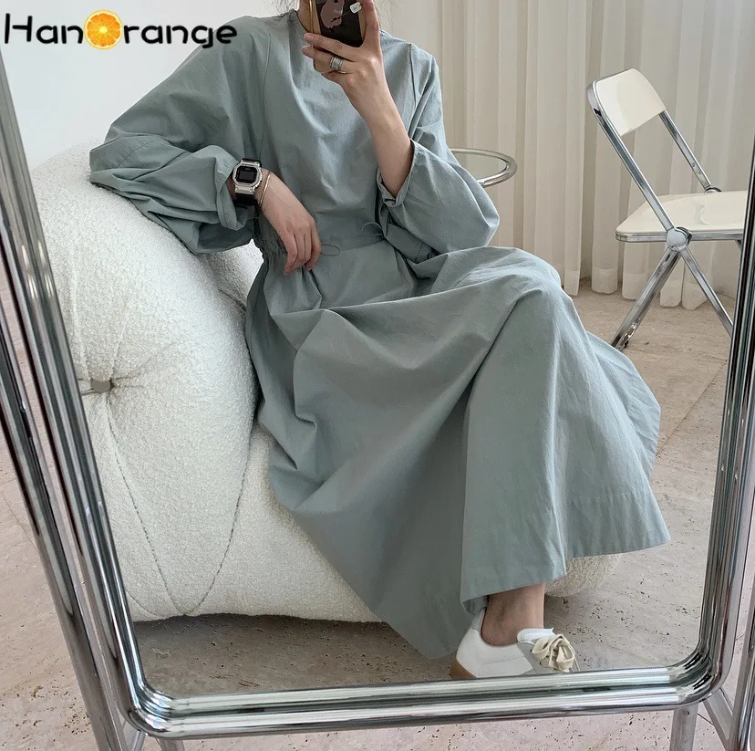 HanOrange Spring Simple Puff Sleeve Dress Palace Style Fashionable O-Neck Adjustable Waist Loose Profile Mid-length Derss Women