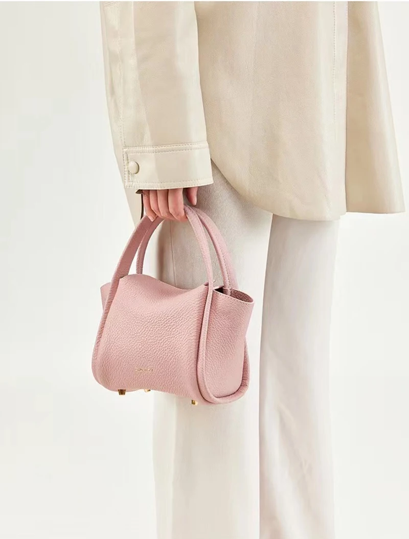 Trendy and fashionable genuine leather Yuanbao bag, single shoulder vegetable basket, top layer cowhide portable crossbody bag