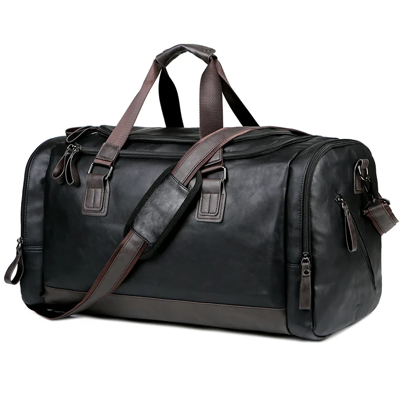 PU Leather Travel Bag Super Large Capacity Men's Business Trip Handbag Duffel Backpack Portable Single Shoulder Enlarged Black