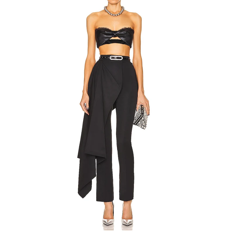 

2022 FW роскошные дизайнерские брюки для подиума, женские модные черные Асимметричные повседневные брюки с высокой талией, свободные брюки, ул...