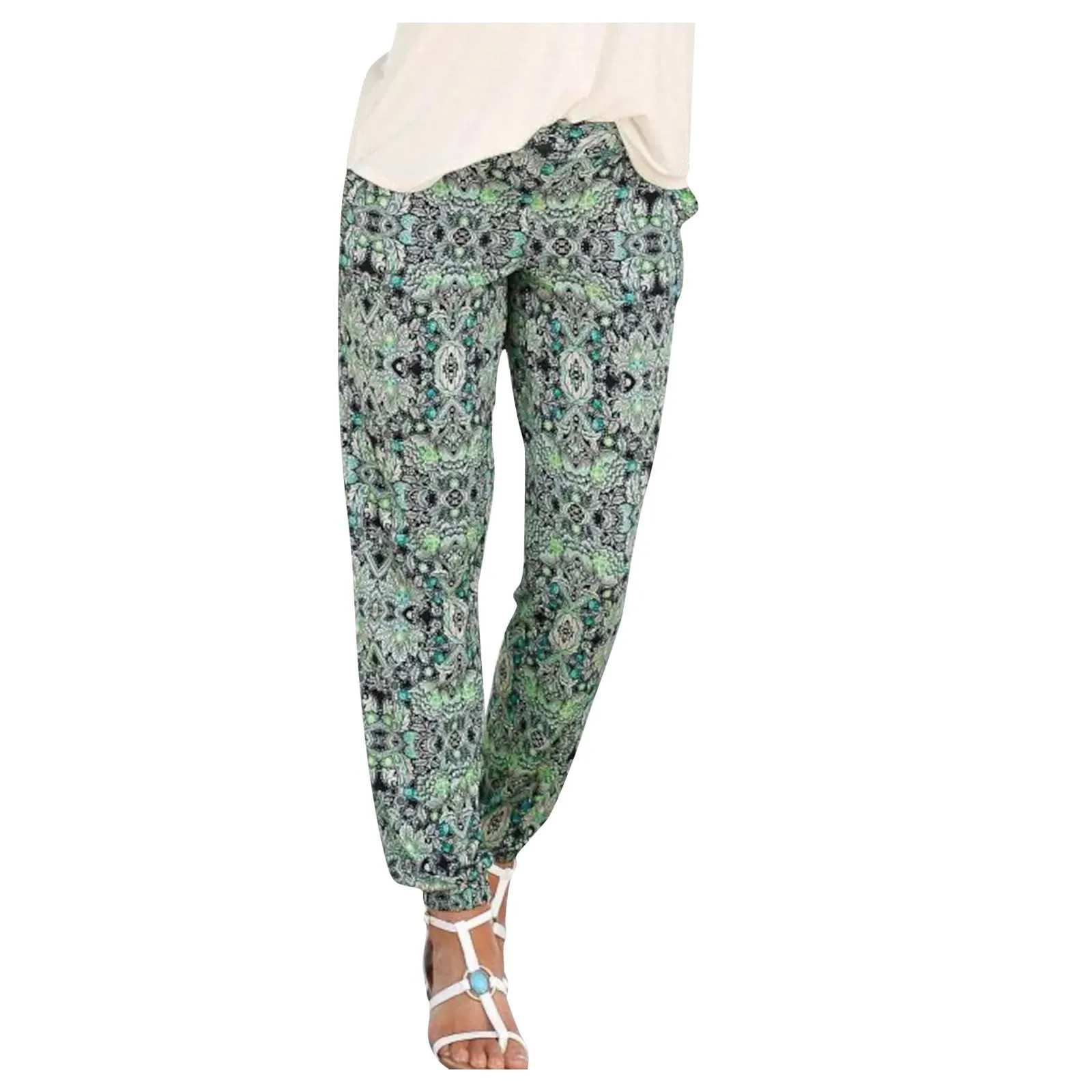 

Bohemian Beach Pants Womens Vintage Flower Print Loose Pant Elastic Waist Wide Leg Leisure Trousers Retro Pockets Beach Trousers