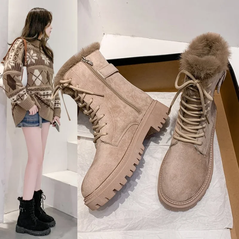 

Женские замшевые ботинки на шнуровке, теплые ботильоны в готическом стиле, на меху, на толстой подошве, зимний сезон 2022