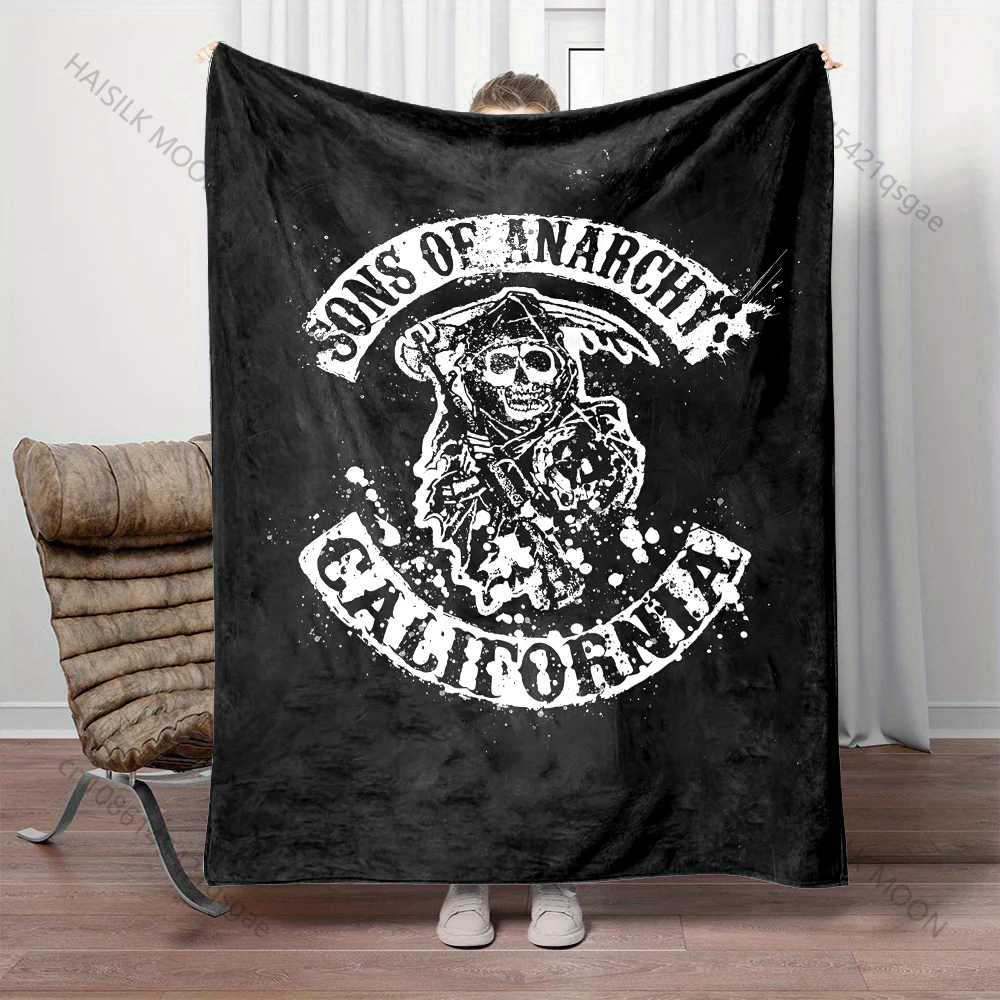 Фото Теплые одеяла с принтом эмблемы Sons of Anarchy California для взрослых и детей, мягкие и удобные, подходят для дома, путешествий, автомобиля, подходят для всех сезонов. №5