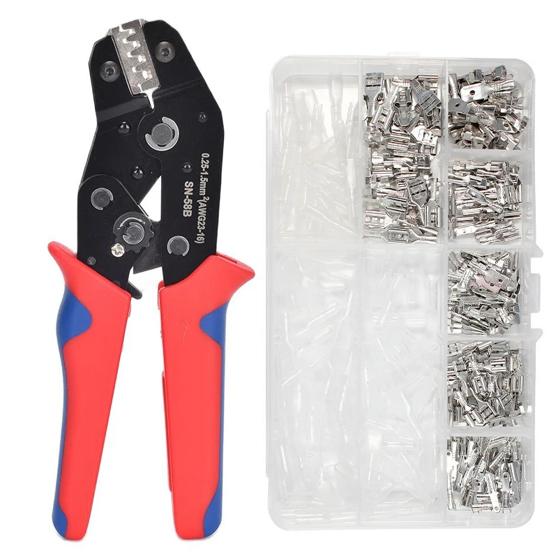 SN-58B Male/Female Spade Crimp Terminals Crimping Tools Electrical Pliers Insulating Sleeve Wire Wrap Connector Hand Crimp Tool