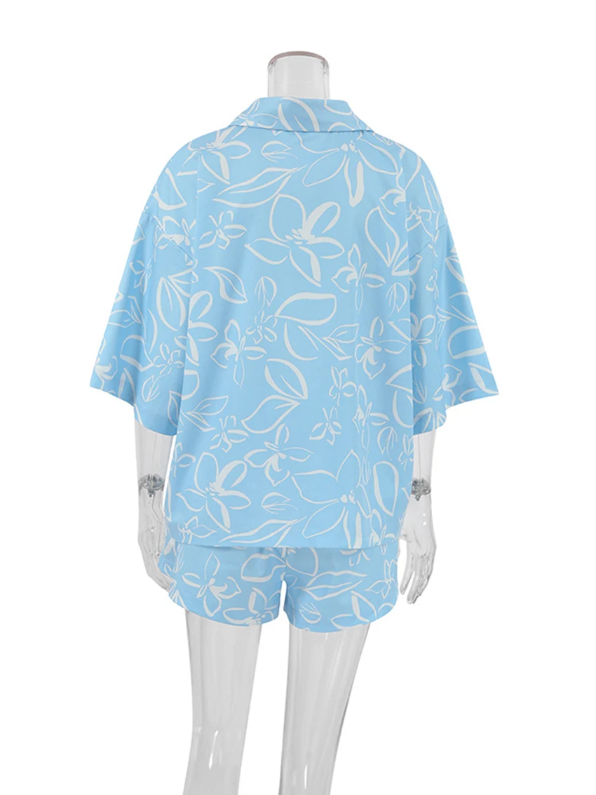 Marthaqiqi Printing Pajamas For Women Turn-Down Collar Sleepwear Long Sleeve Nightwear Elastic Waist Shorts Casual Nightie Set