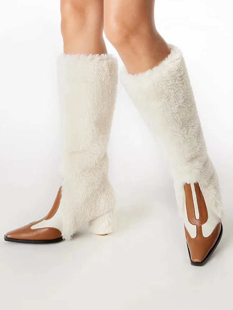New square toe chunky heel long tube knee-length wool boots high heel knee high warm slip-on boots for women