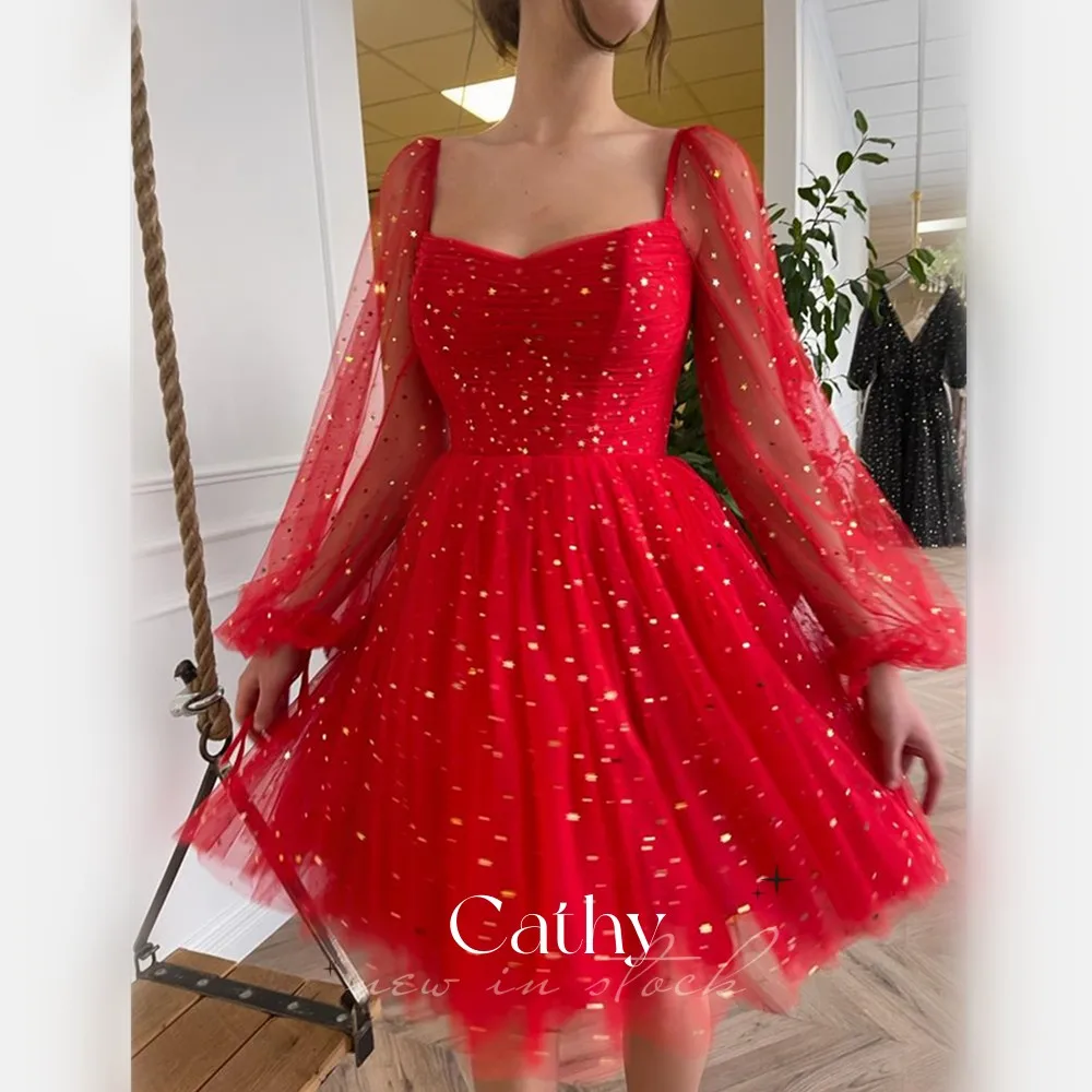 

Cathy Red Starry Tulle Short Prom Dresses Long Sleeve A-Line Dresses Knee Above Homecoming Formal Party Dress Vestidos De Fiesta