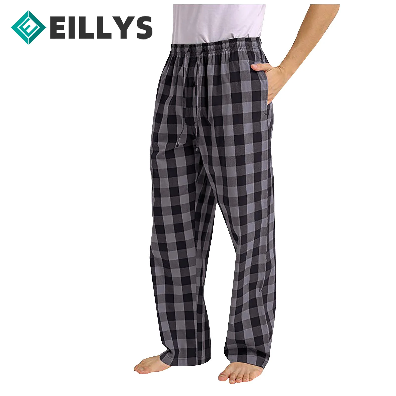 Japanese-style Lattice Home Trousers Elastic Band Men’s Casual Pants Drawstring Loose Bottoms Cotton Casual Straight-leg Pants