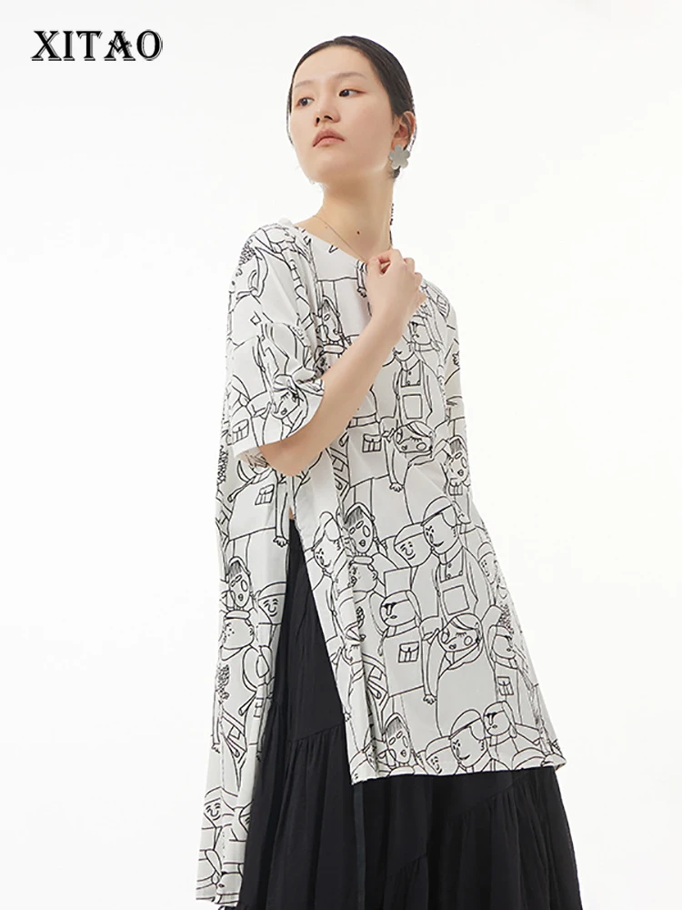 

XITAO Casual Print T-shirt Loose Fashion Contrast Color Cartoon Pictures Loose Slit Pullover Women Street Trendy Top WLD6856