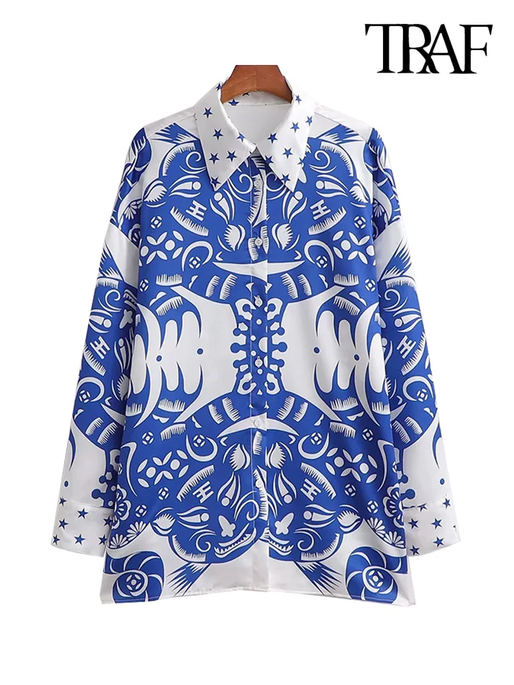 

TRAF Women Fashion Totem Print Oversized Shirts Vintage Long Sleeve Button-up Female Blouses Blusas Chic Tops