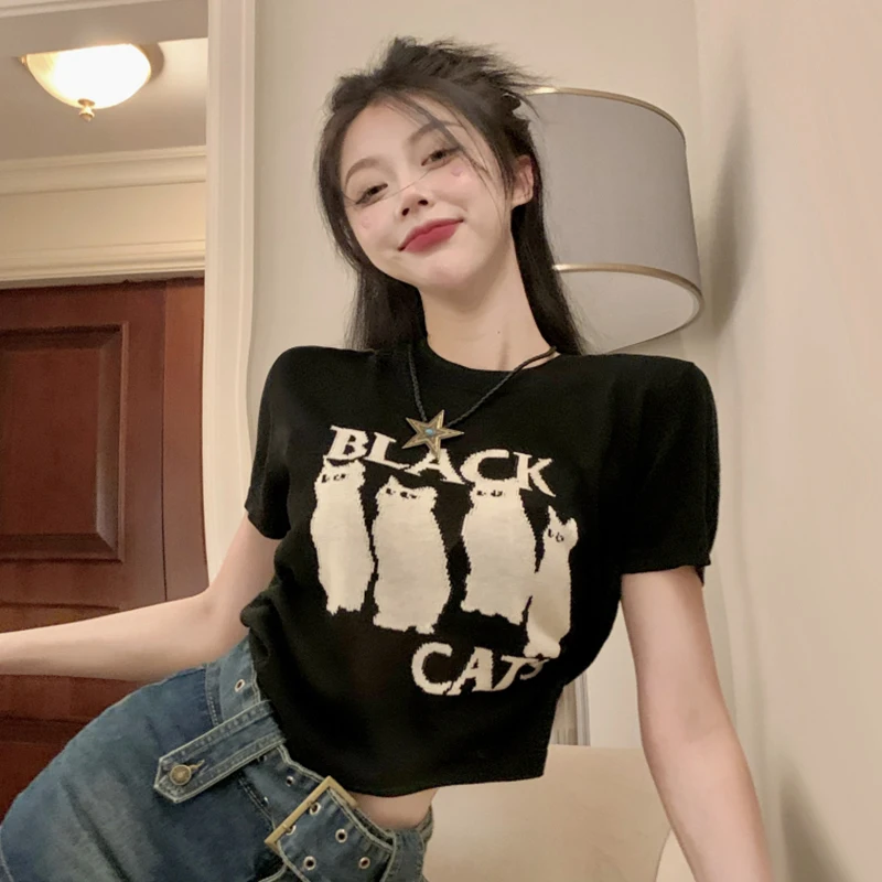 

Black knitted short sleeve T-shirt women's summer 2022 new style sweet cool unique design sense niche short slim top