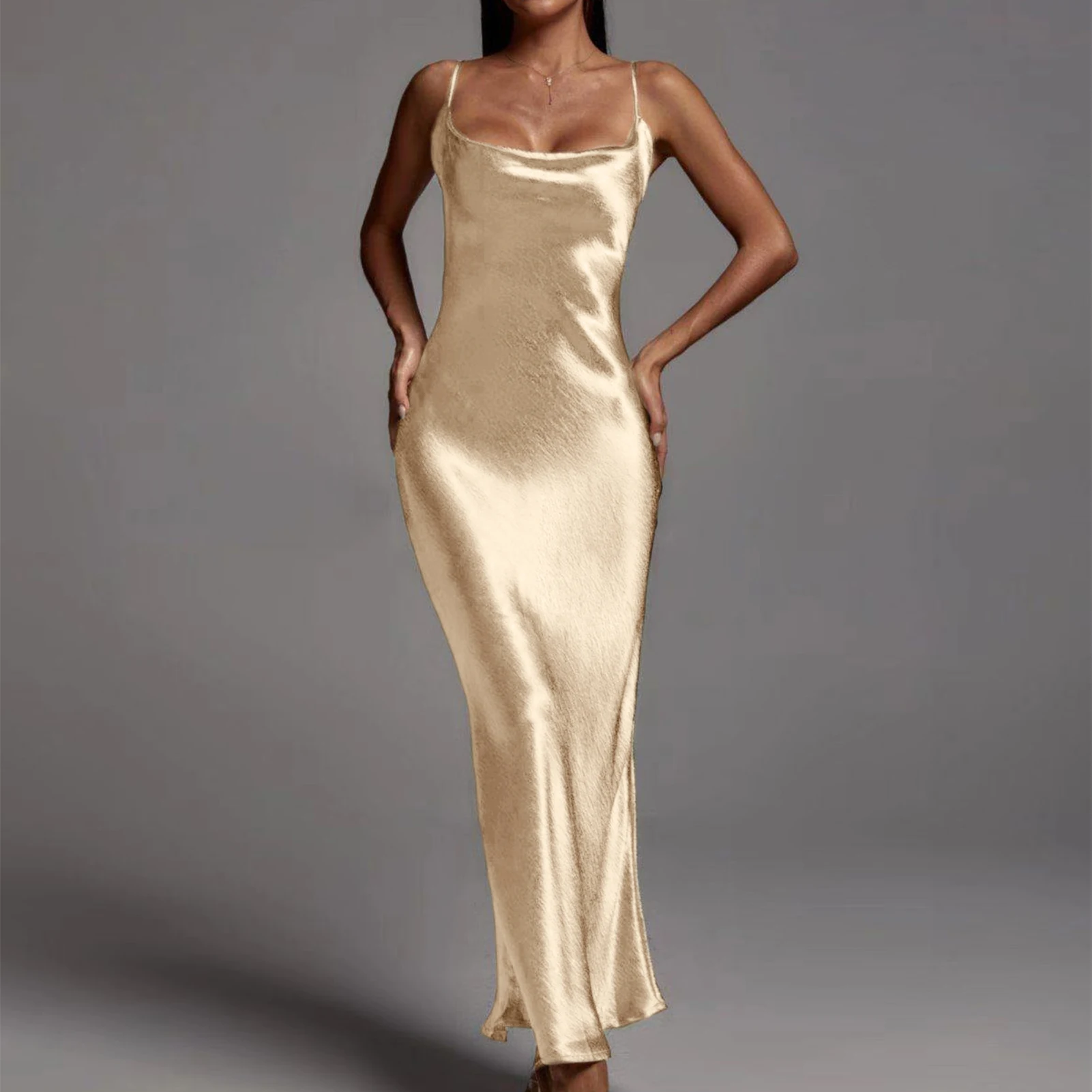 

2023 Swinging Collar Women Spaghetti Strap Dress Ladies Bodycon Long Dresses Sexy Style Solid Color Sleeveless Daily Robe