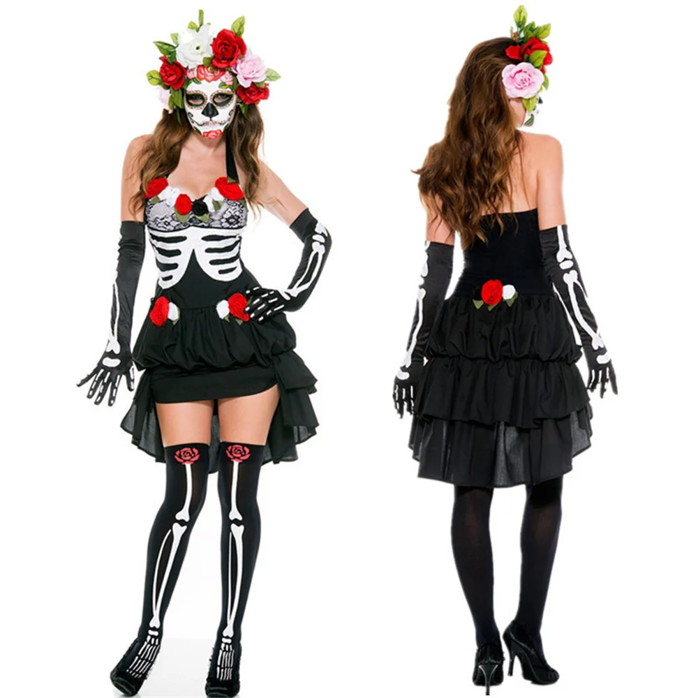 

Lady Carnival Halloween Corpse Bride The Skeleton Costume Mexican Day Of The Dead Outfit Cosplay Fancy Party Dress