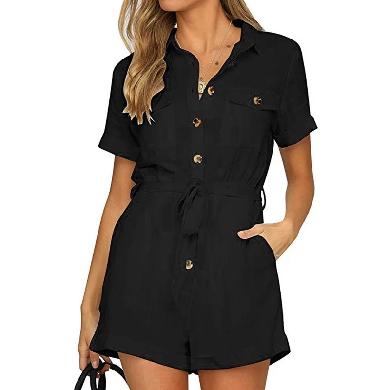 

2023 Women Black Casual Solid Bodysuit Casual Short Sleeve Indie Y2k Turn-down Collar Button Down Cuffed Boho Playsuit Jumpsuit