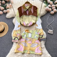 2022 new fashion runway flower printed two pieces set suit womens long sleeve loose blouse shirt tops and a line mini skirt set