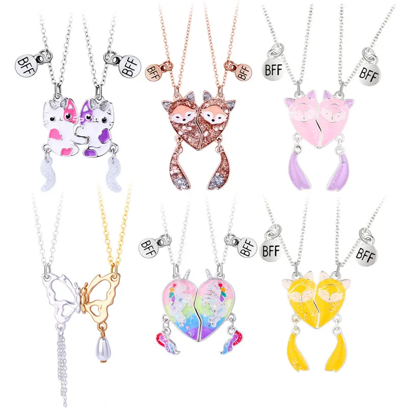 Luoluo&baby 2Pcs/set Heart Fox Butterfly Cat Magnetic Pendant Best Friend Necklace for Kids Children Friendship Jewelry Gifts