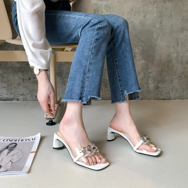 2022 fashion women's sandals summer square high heels golden chain metal decoration open-toed slippers square heel jelly shoes