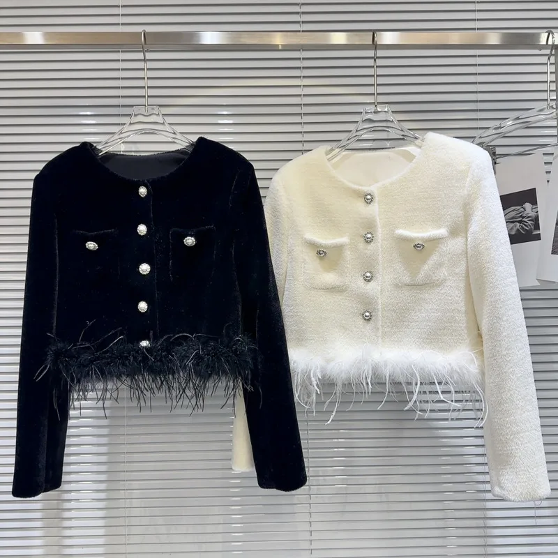 

PREPOMP 2023 зимняя новая коллекция перьев жемчужные пуговицы флисовая хлопковая подкладка короткая куртка для женщин GM281