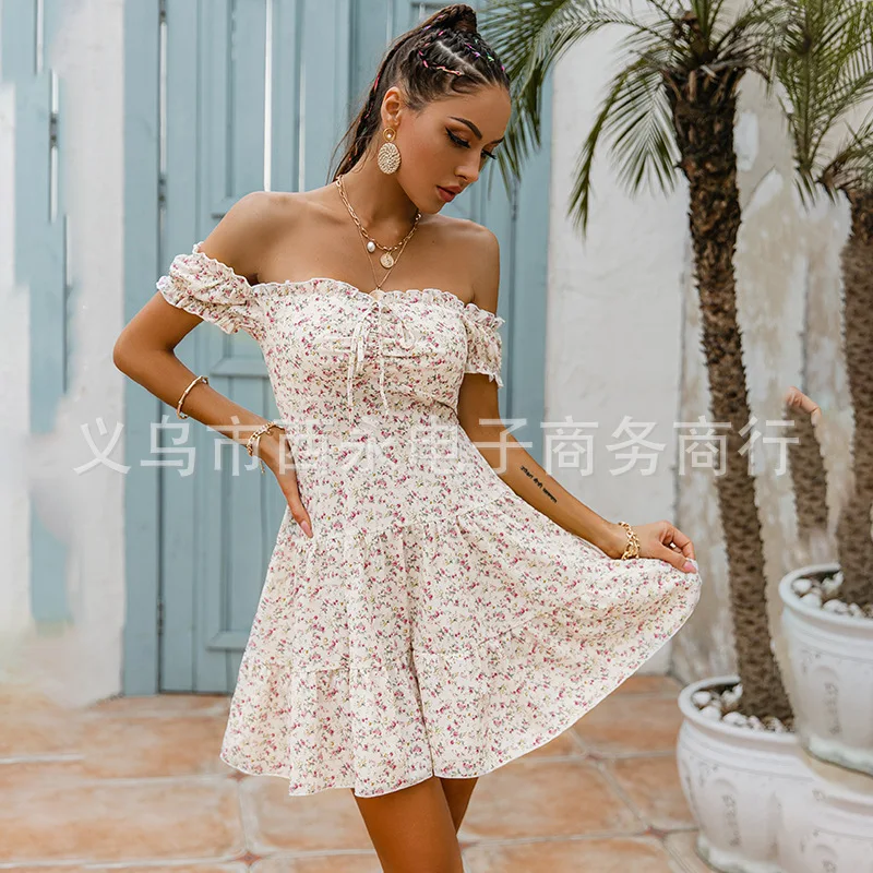 

Chiffon off-Shoulder Floral Dress European and American Summer Sexy Low-Cut Backless A- line Dress