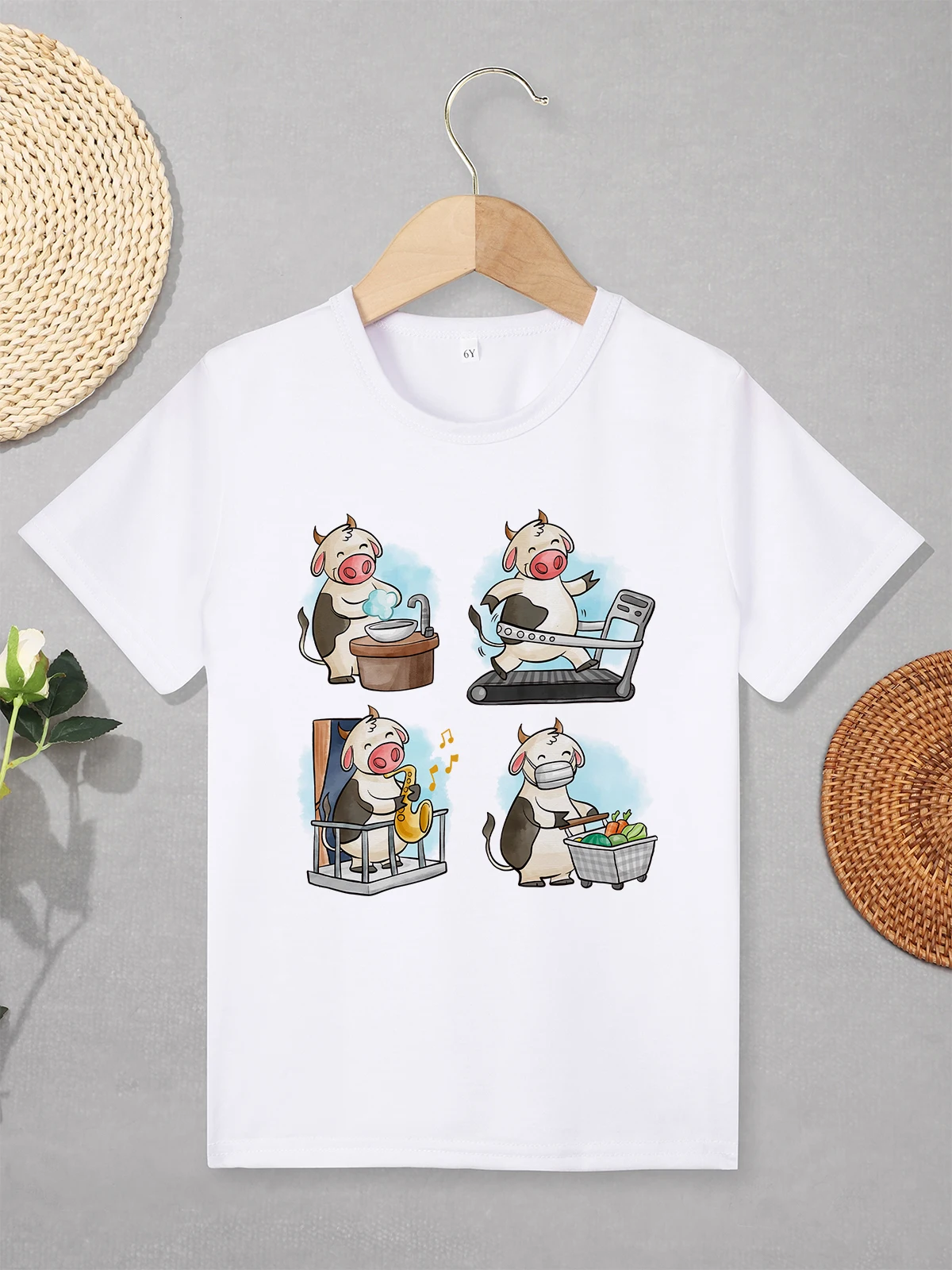 Веселая и милая детская футболка с принтом молочной коровы Kawaii Harajuku летняя