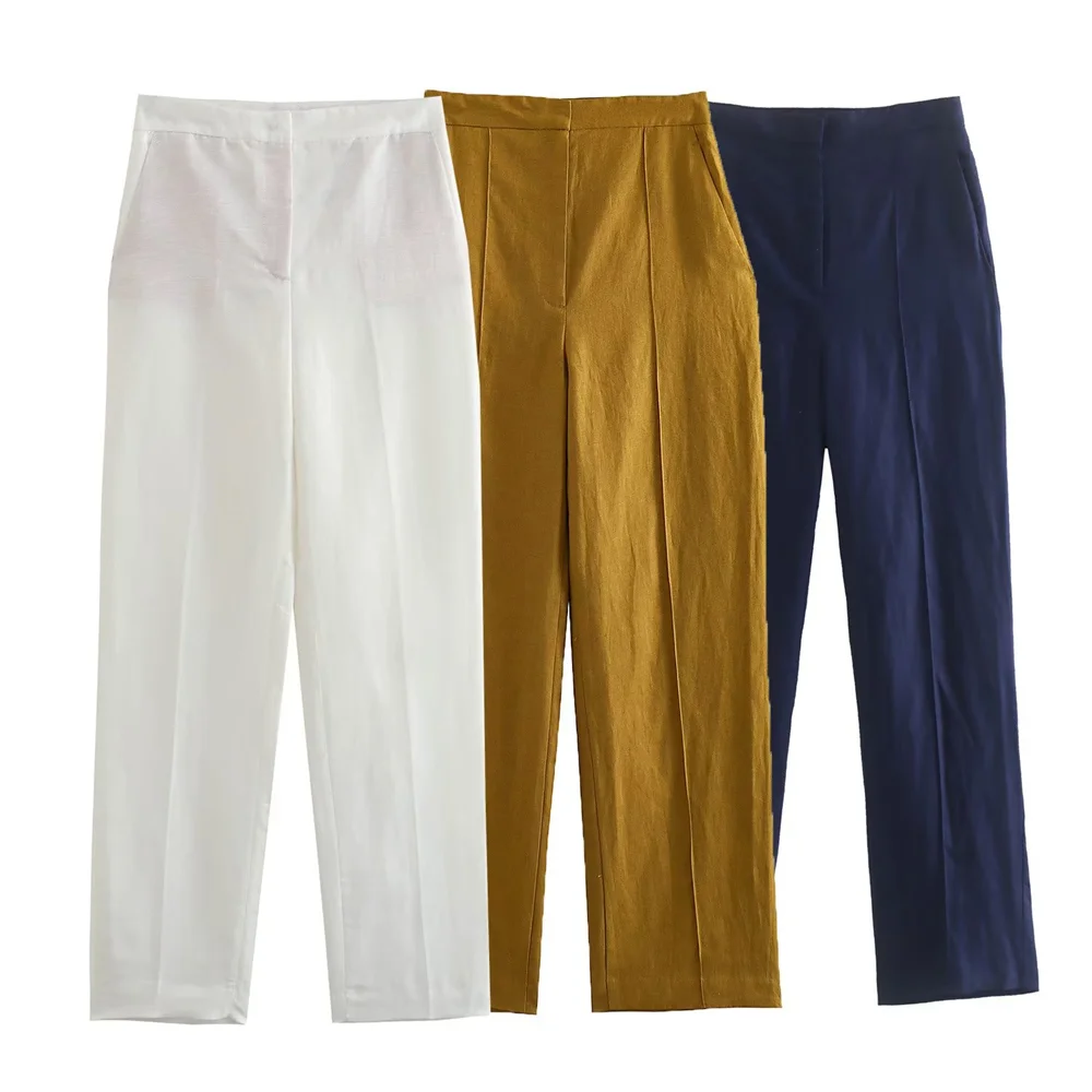 

PB&ZA New Women's Clothing European and American Style Casual Linen Blended Fabric High Waist Straight Pants 2457509