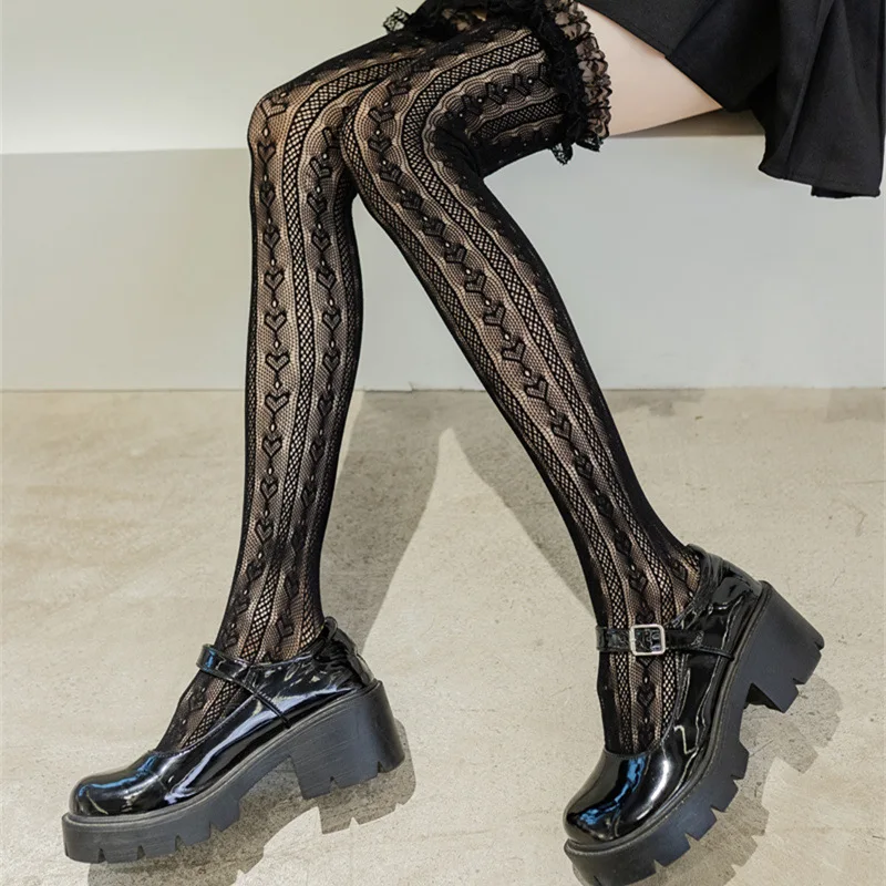 

Fashion Black White Heart Lace Lolita Mesh Female Stockings High Over Knee Socks Long Tube Stockings Cosplay Accessories