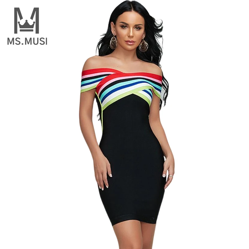 MSMUSI 2023 New Fashion Women Sexy Off The Shoulder Patchwork Sleeveless Backless Bandage Party Club Bodycon Event Mini Dress