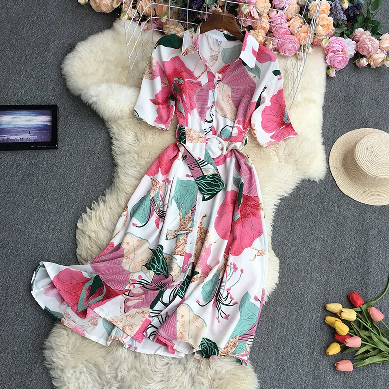 

Женское однобортное Платье с принтом, Повседневный Кардиган с короткими рукавами и отложным воротником, платье с высокой талией, один разме...