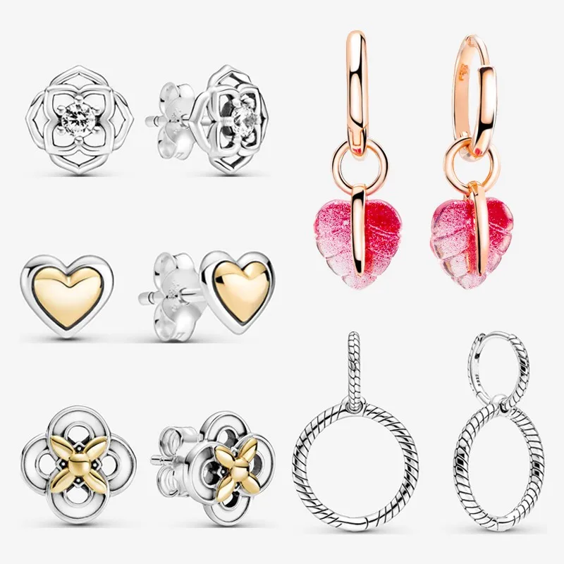 

Authentic S925 Sterling Silver Rose Double Color Flower Double Ring String Earrings Women's Fashion Silver Earrings Jewelry Gift