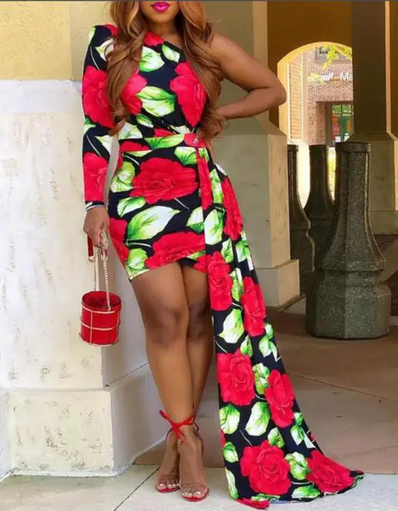 

Elegant Dresses For Women 2022 Sping Summer New Fashion Baroque Print One Shoulder Draped Detail Tight Party Dress