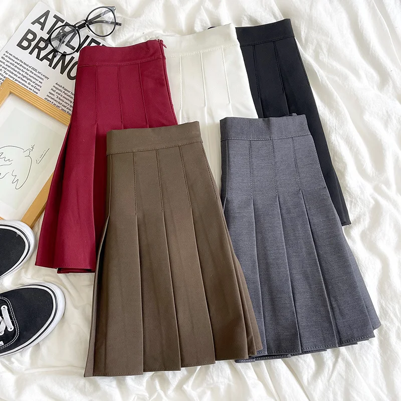 

Женская плиссированная мини-юбка, однотонная короткая юбка с высокой талией, винного, красного, коричневого, белого, черного, синего цветов, ...