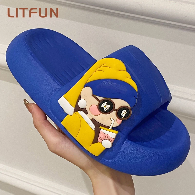 Litfun Soft Thick Bottom Fashion Slippers Women Summer Indoor Cartoon Non-slip Slippers Men Home Bath Shoes Outdoor Beach Slides