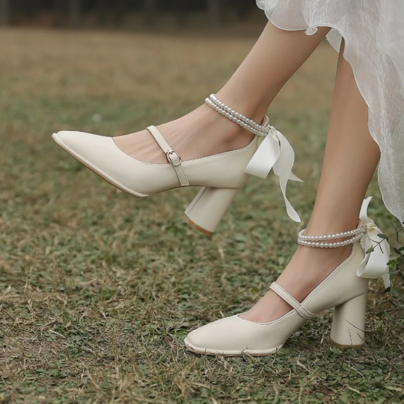 

High Heels Women Sandals Chunky Mary Janes Lolita Shoes 2022 Summer New Bow Sexy Pumps String Bead Luxury Women Shoes Zapatos