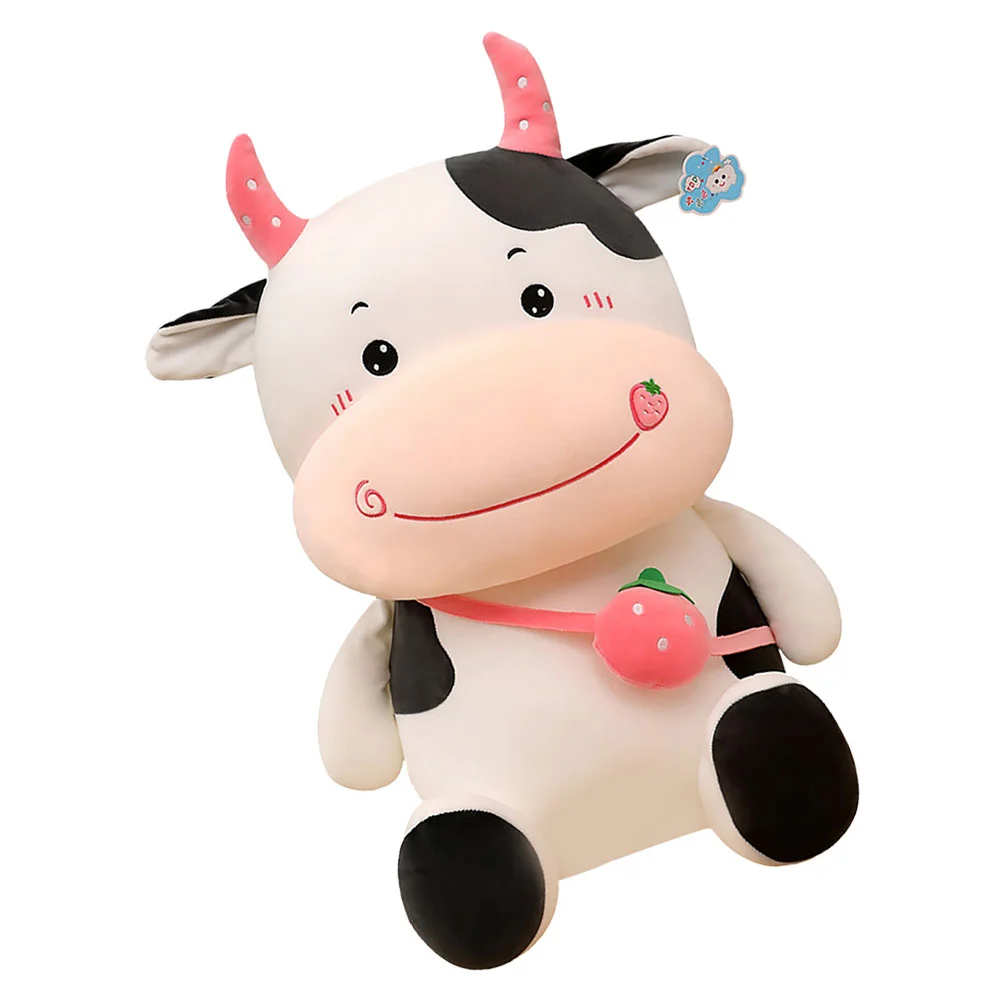 

Cow Plush Stuffed Animals 2021 Chinese New Year Ox Mascot Strawberry Calf Nursery Christmas New Year Birthday Party Gifts 33cm