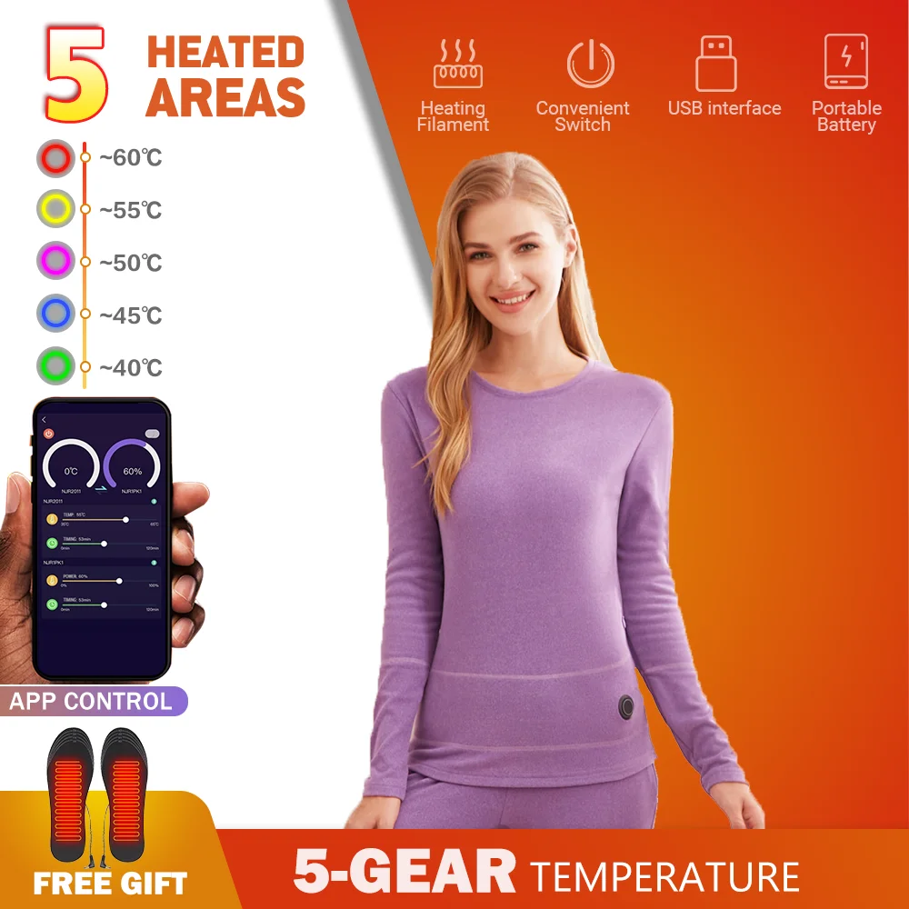 

Winter Women Underwear Fleece Thermal Underwear USB Battery Powered Smart PhoneAPP Control Temperature Man Jacket Tops Heated