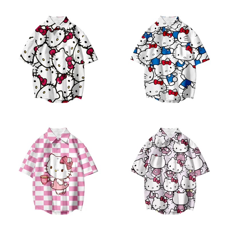 

Рубашка с цветочным принтом Hello Kitty, рубашка с коротким рукавом, внутренняя рубашка для мужчин и женщин, пляжный костюм для пары, повседневный изысканный универсальный топ