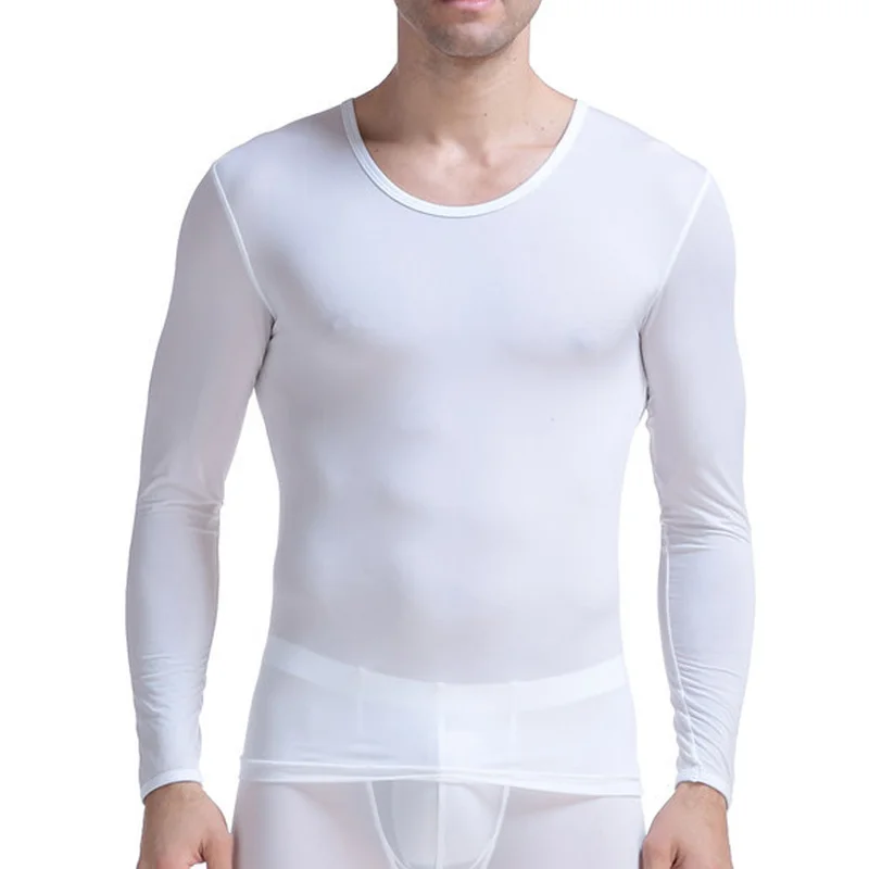 Mens Undershirts Long Sleeve Ice Silk Sheer T Shirts Transparent Ultra-thin Tee Shirts Fitness Tops Male Sleepwear Ondershirts